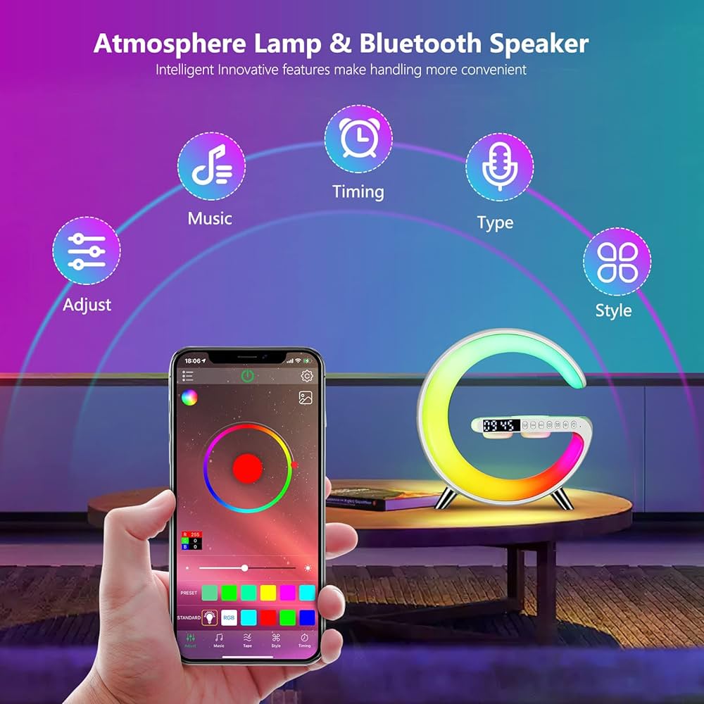 G-Shape Atmosphere Lamp with Bluetooth Speaker, LED Night Light, and Fast Charging – (Multicolor)