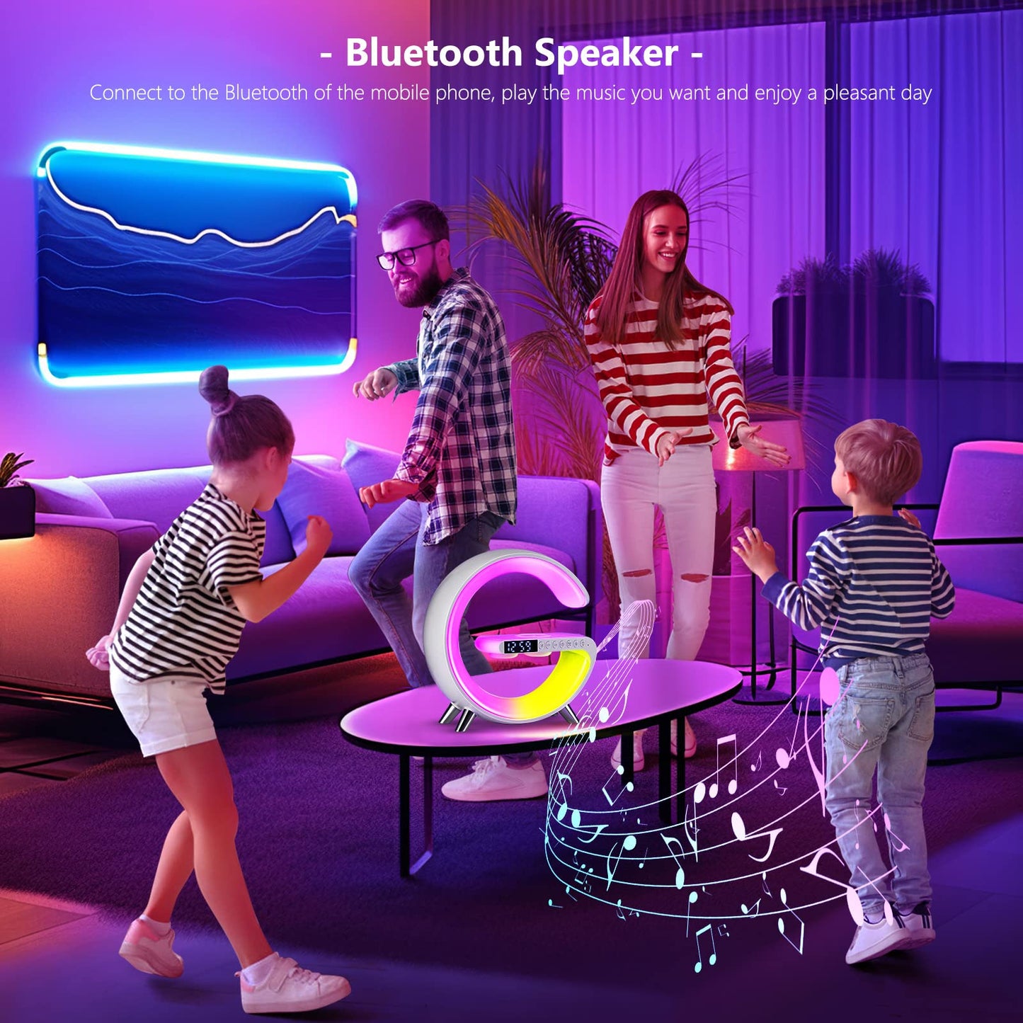 G-Shape Atmosphere Lamp with Bluetooth Speaker, LED Night Light, and Fast Charging – (Multicolor)